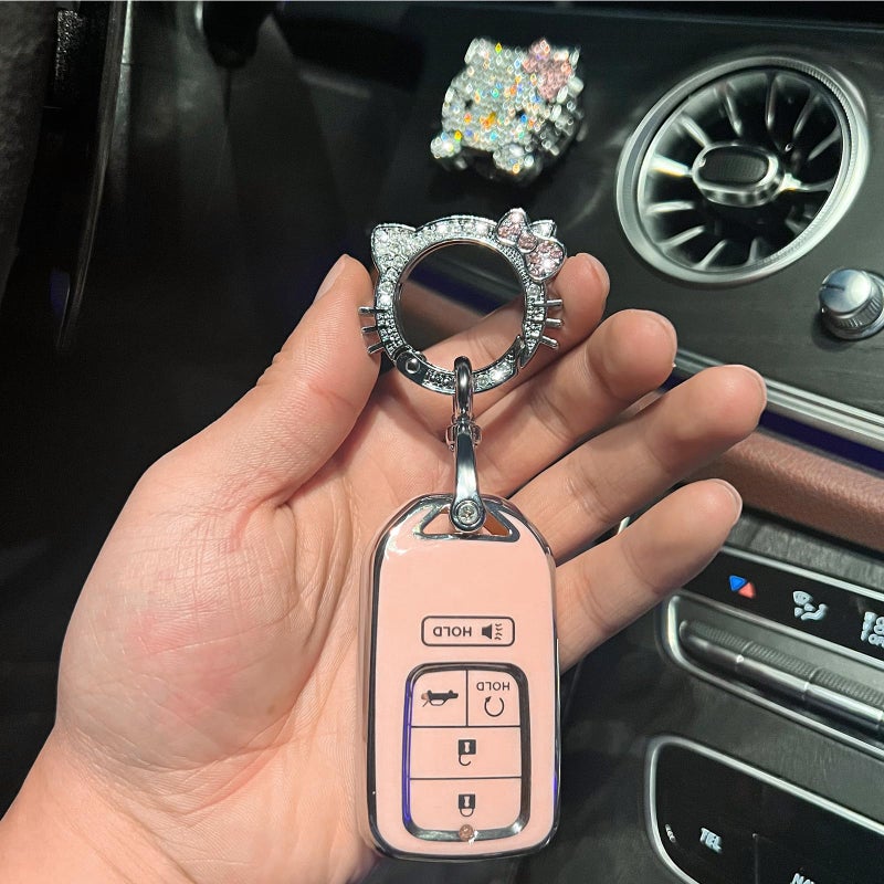 Pangpai Pink Car Accessories 3 Pcs for Honda Accord Civic CRV Pilot Odyssey Key Fob Cover with Bling Keychain Cute Push to Start Button Cover - Image 4